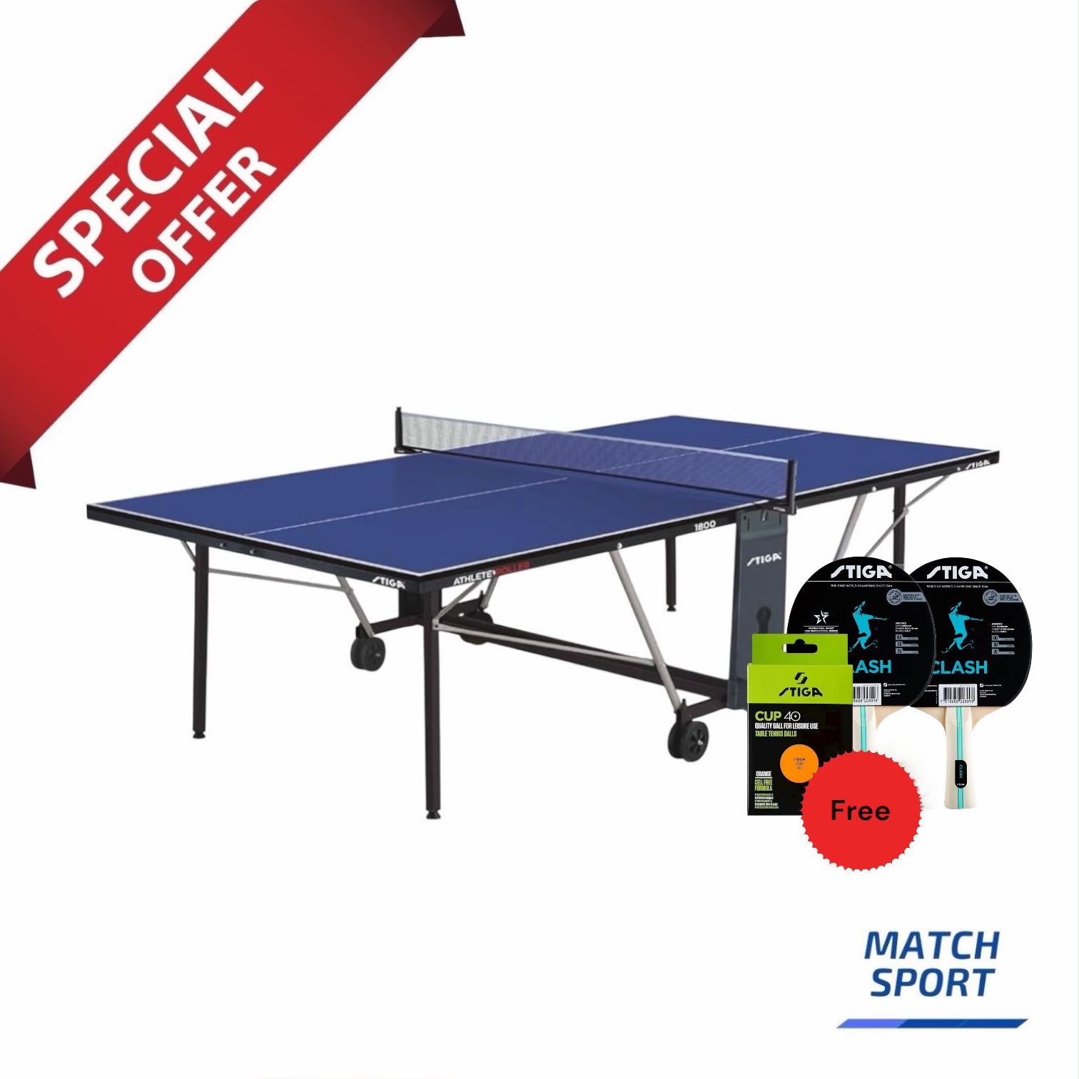 ATHLETE Stiga Athlete Roller Indoor Table Tennis Table with Net – Free Two Stiga Clash Table Tennis Racket and Stiga Ball Cup 40 plus Table Tennis Balls - Image 1