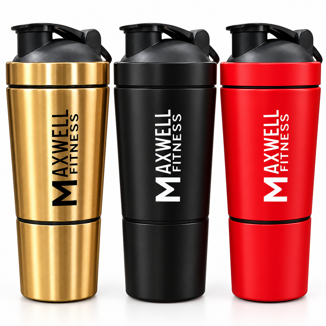 4168fb9b-bcbf-4983-8116-dfbf1ec625c1 MAXWELL FITNESS 3-IN-1 STAINLESS STEEL SHAKER BOTTLE - Image 1